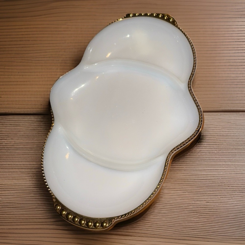 Fire King Anchor Hocking Milk Glass Gold Trim Tray/plate -11" MCM CottageCore